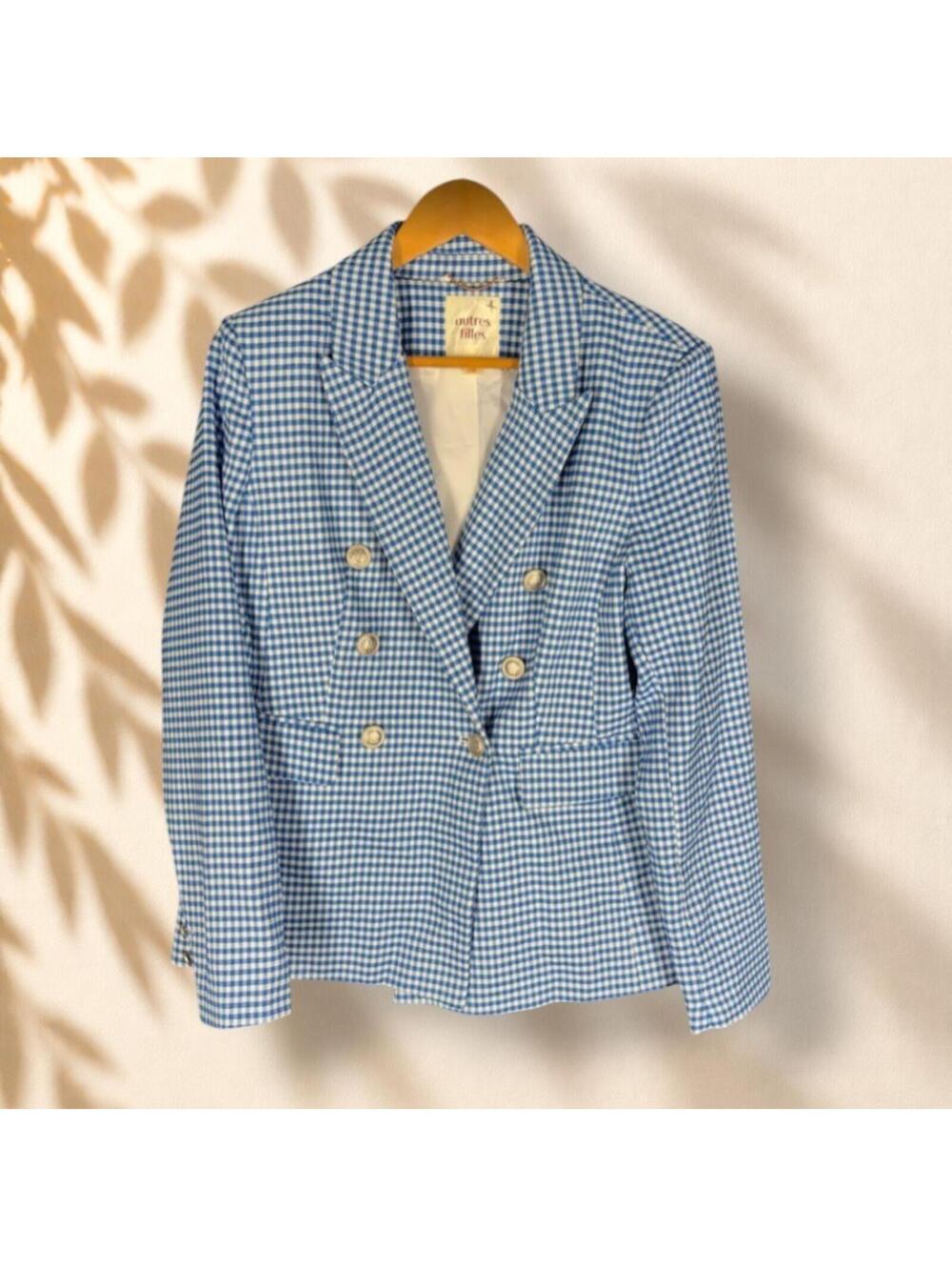 Autres Filles Blazer Women M Medium Blue Plaid Button Up Collared Long Sleeve